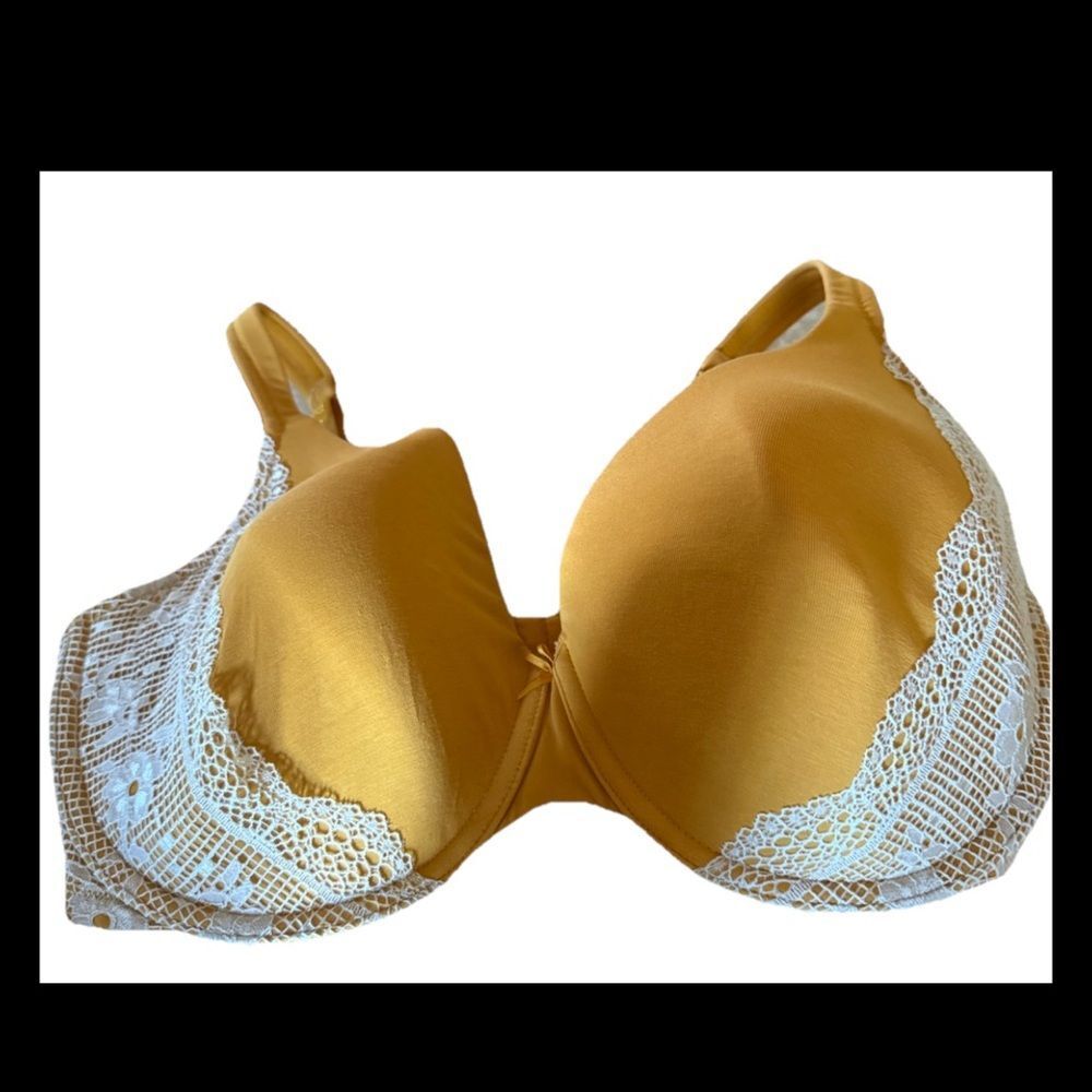 Cacique Women's Lightly Line T-Shirt Bra Yellow w Cream Lace Accent Size 40G